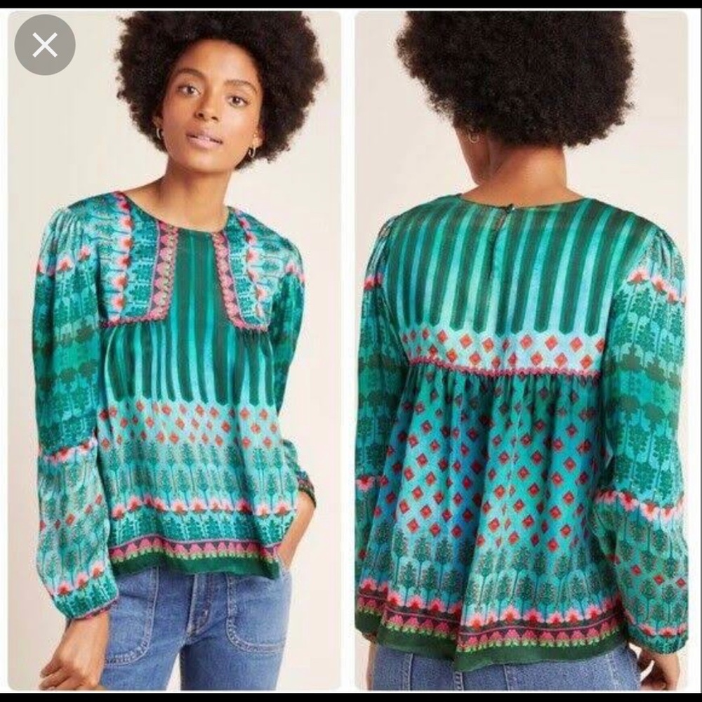 Anthropology Siddhartha Bansal Green Peasant Blouse Med Petite with tags